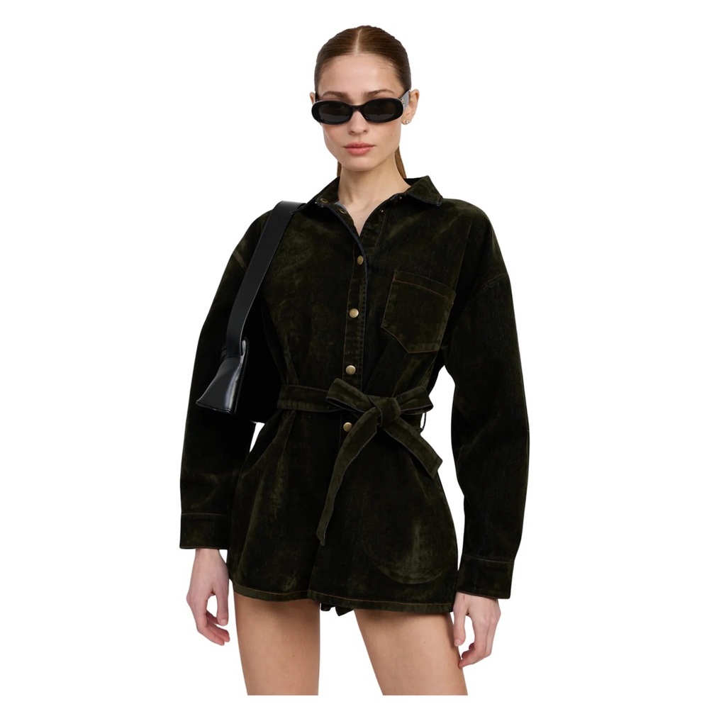 En Saison Olive Green Velvet Romper with Belt